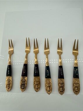 Gold-Tone Decorative Seafood Forks with Black Handles - Set of 6